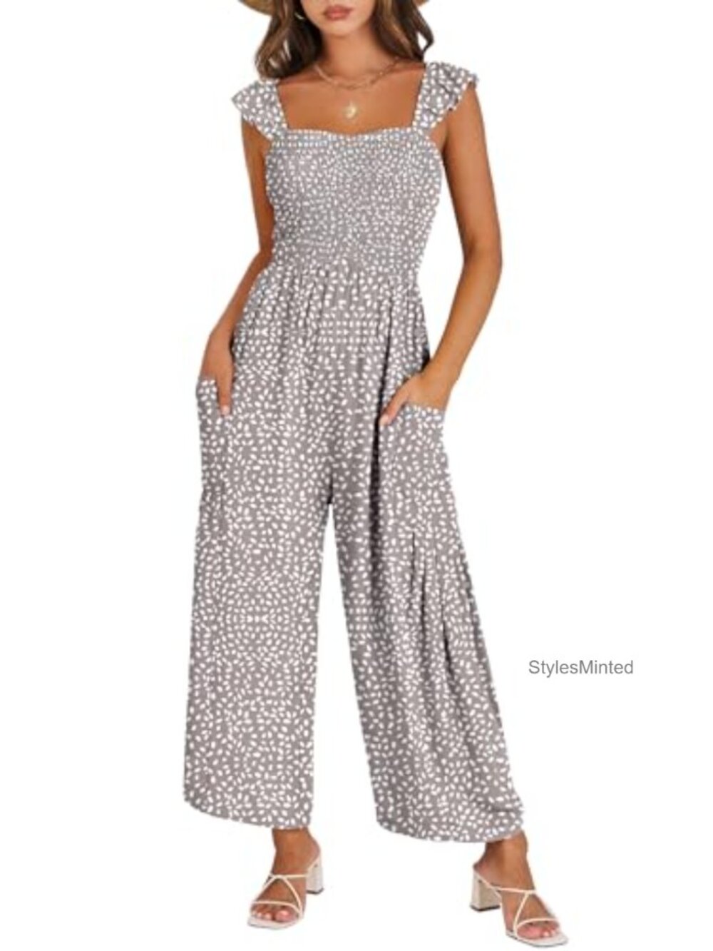 ANRABESS Women's Smocked Sleeveless Wide Leg Jumpsuit 100% Polyester